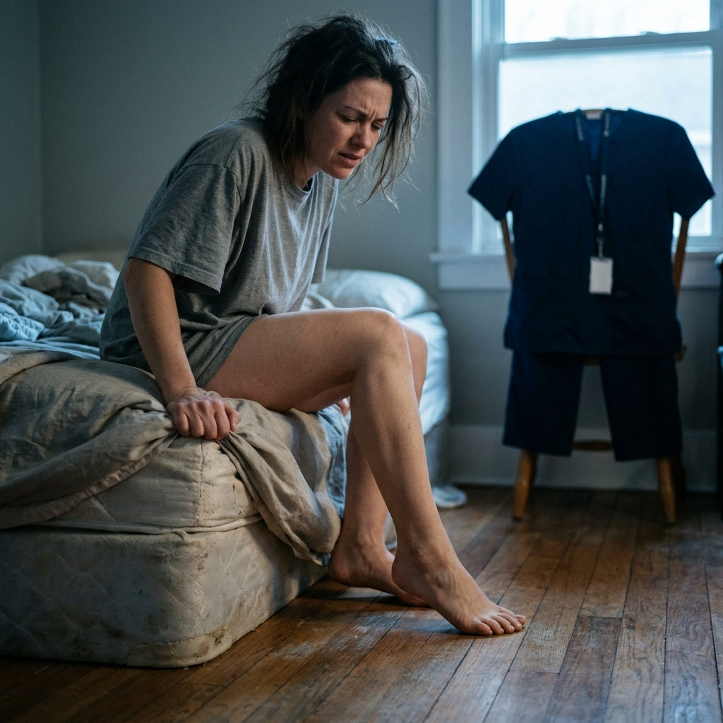 Woman wincing at the painful first step in the morning, a common sign of plantar fasciitis