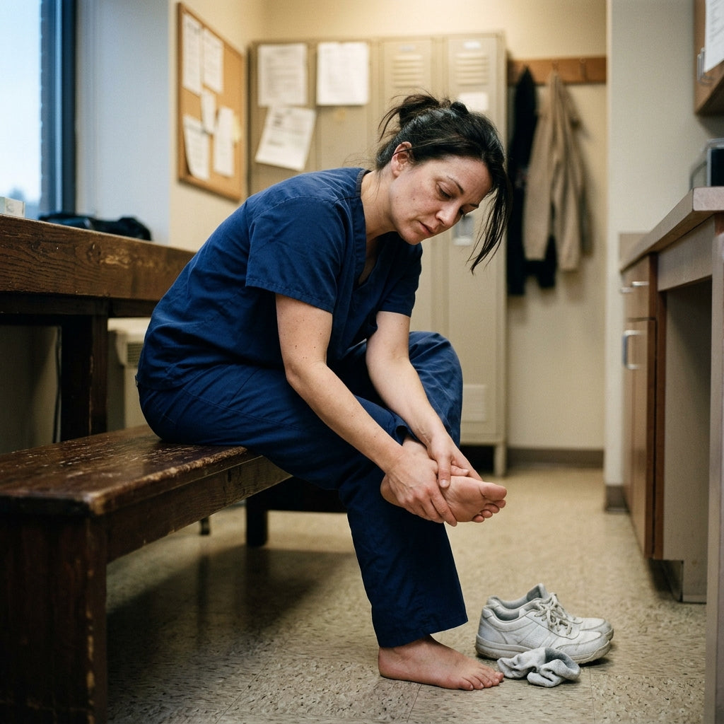 Nurse rubbing her sore heel after a long shift on her feet