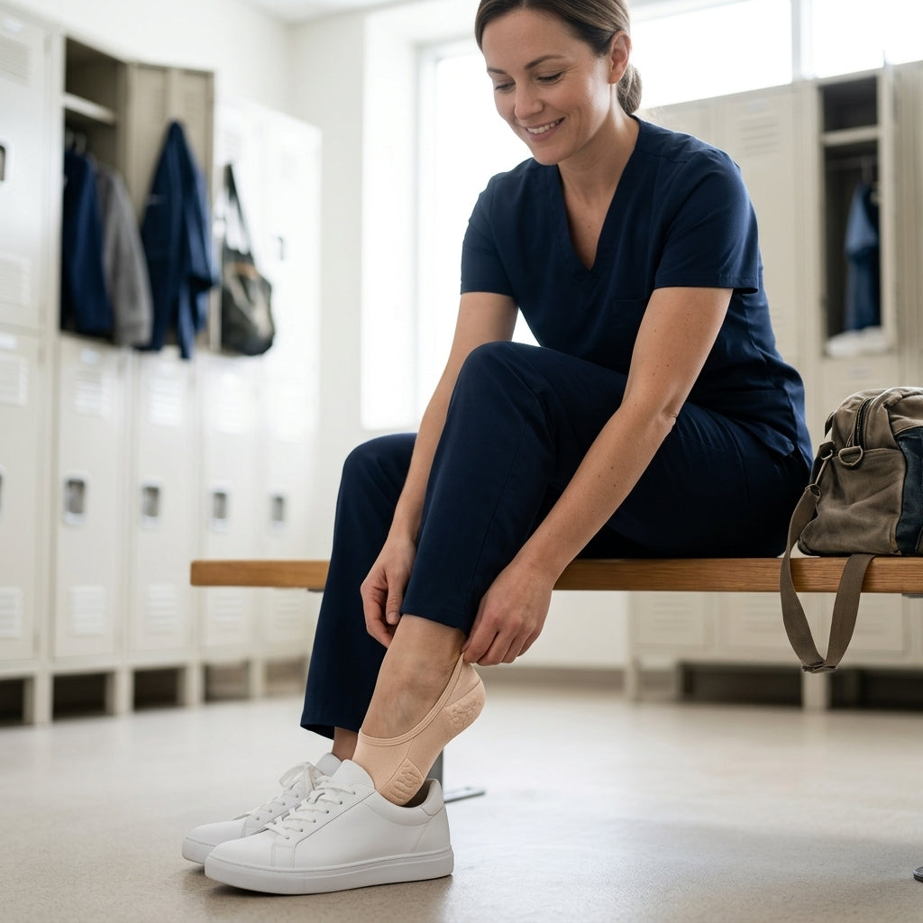 Nurse smiling as she puts on NYRO cushioned no-show socks before her shift